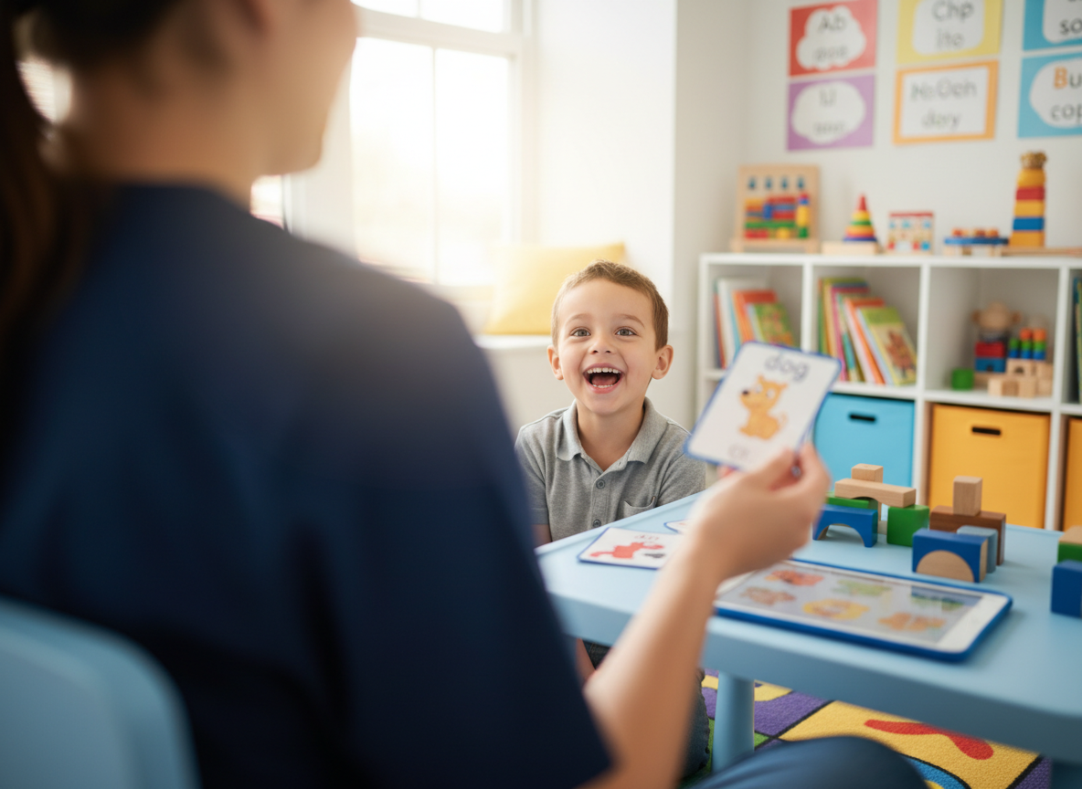 A young child laughing with a flashcard during a Speech Buzz therapy session