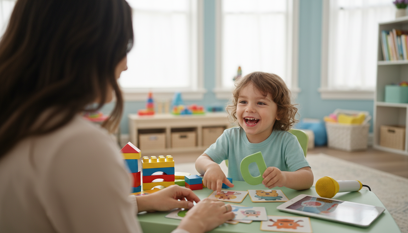 A child laughing during a play-based speech therapy session at Speech Buzz