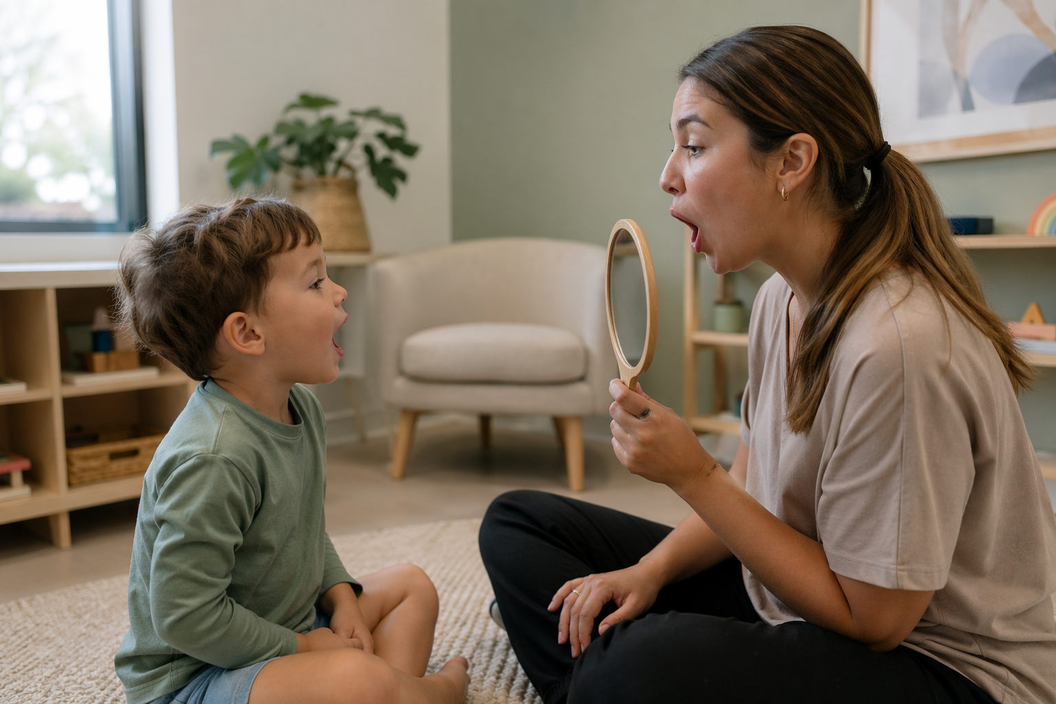 A speech pathologist using a mirror to model mouth movements with a young child